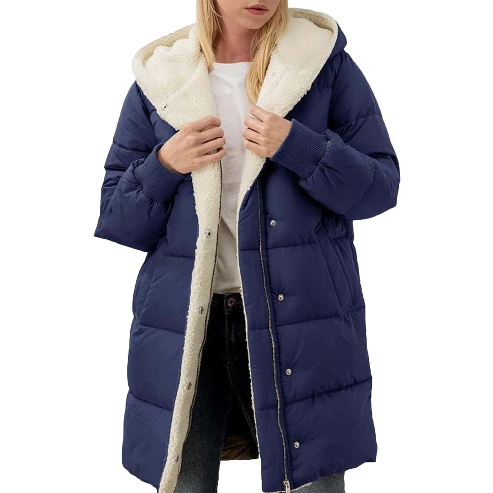 Generisch Cappotti invernali da donna, elegante giacca per le mezze stagioni, giacche lunghe foderate in pile, cappotto lungo invernale con cappuccio, parka, giacca in parka calda, tinta unita casual