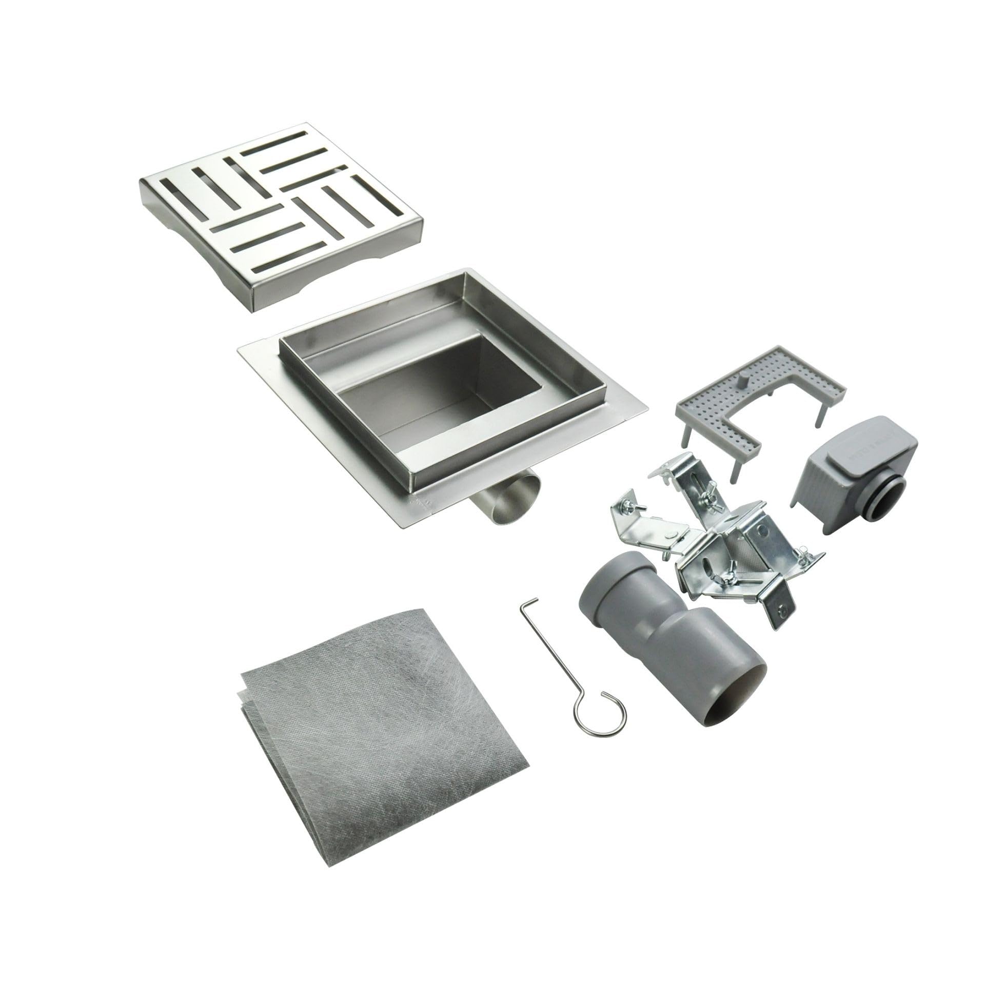 DOMEO Caniveau de douche carré motif quadrillé 12 x 12 cm siphon anti-odeurs, drainage 36l/min, h. réglable