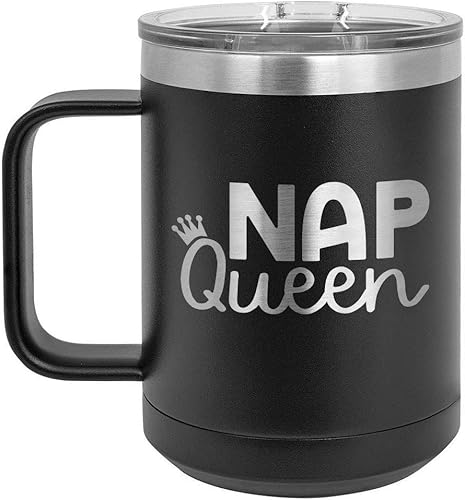 NAP QUEEN Taza de café de 15 oz con tapa deslizante | Taza de café de viaje aislada | Ideas de regalo de cumpleaños o Navidad de mujeres o hombres |