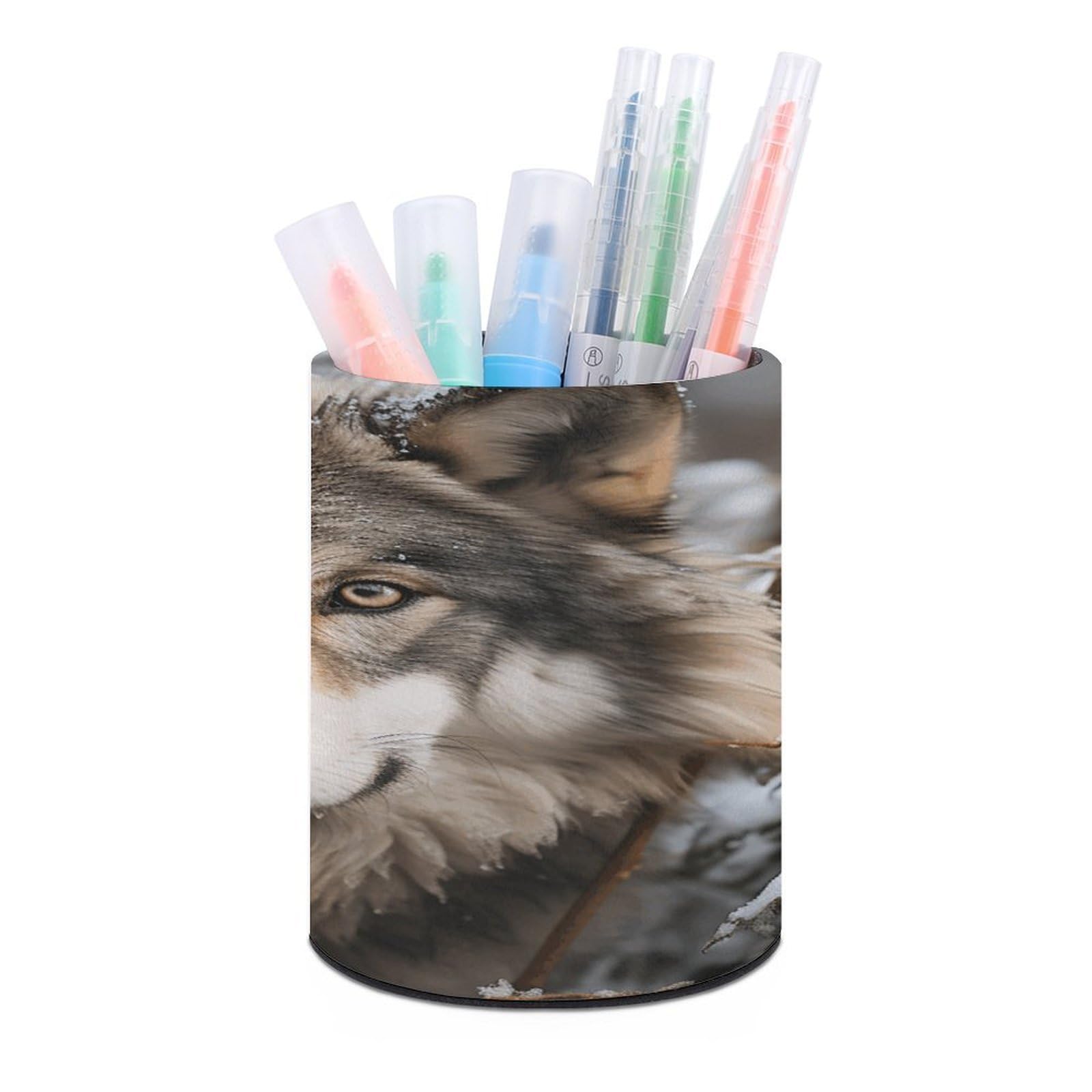 VstaDank Lmage of Wolf in The Snow Pen Holder for Desk Makeup Brush Holders Stylish Pen Cup Cute Pencil Cup Round Pencil Holder Decor Brush Scissor Holders for Multifunctional Office Supplies