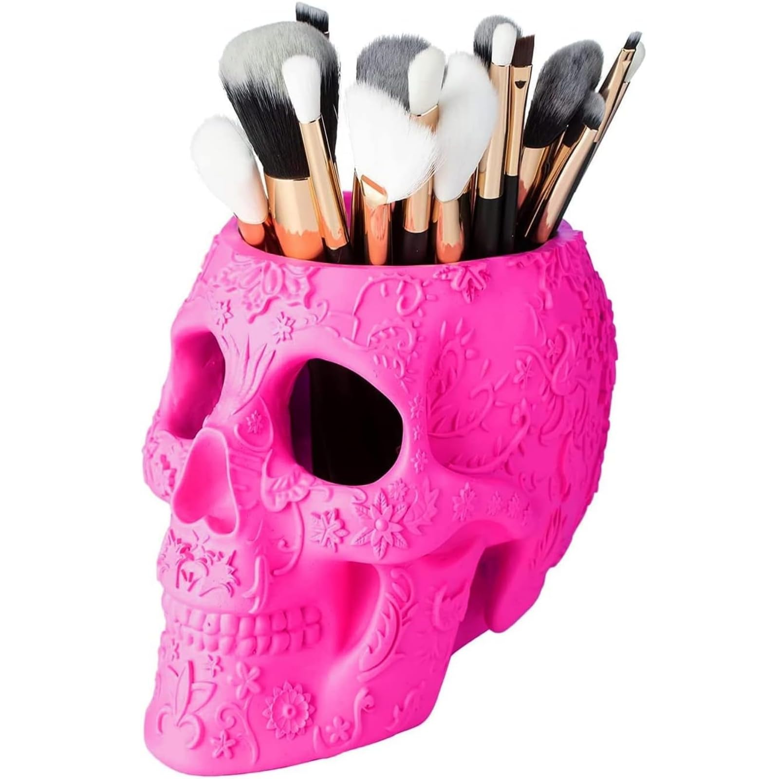 Skull Makeup Brush Holder, Pen Holder, Vanity, Desk, Office Organizer, Stationary, Decor Planter, Candy Bowl, Goth Decorations, Extra Large, Skulls Gothic Skull &amp; Bones Organizer Bathroom (Pink)