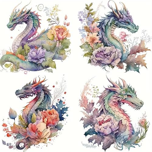 4pcs Flower Leaf Dragon Flower Heat Iron On Transfers for