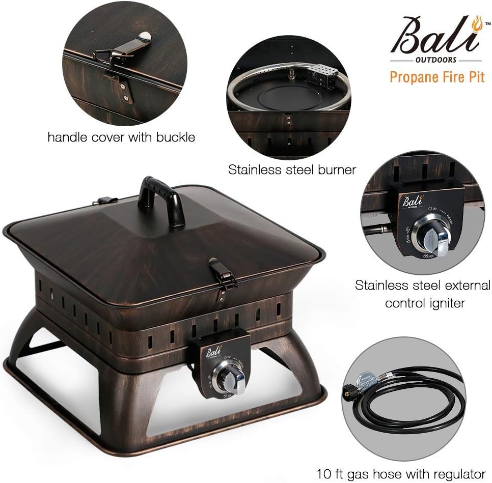 BALI OUTDOORS Gas Fire Pit, 18.7 Inch 50,000 BTU Auto-Ignition Portable Propane Fire Pit