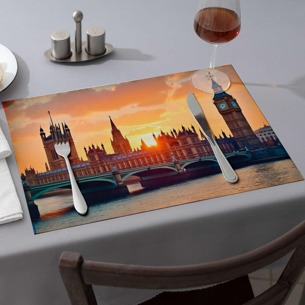 Set de table de salle à manger motif Londres rose Big Ben et Westminster en lot de 6