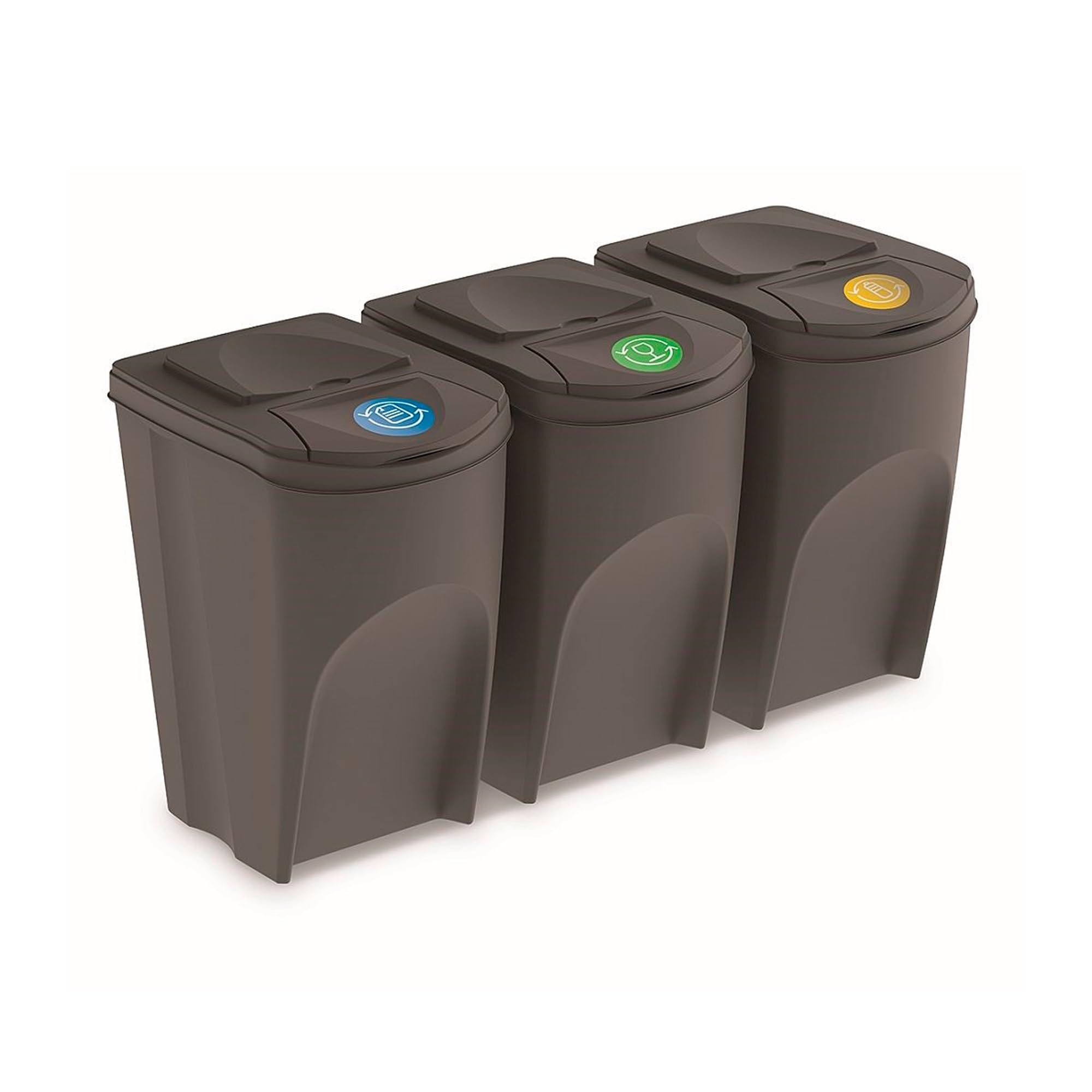 Prosperplast Sortibox Kosz na Śmieci z Systemem Segregacji Odpadów (3 x 35 l, szary) Komplet Trzech Plastikowych Koszy do Segregacji Śmieci z Naklejkami, Przeznaczone do Plastiku, Papieru, Szkła