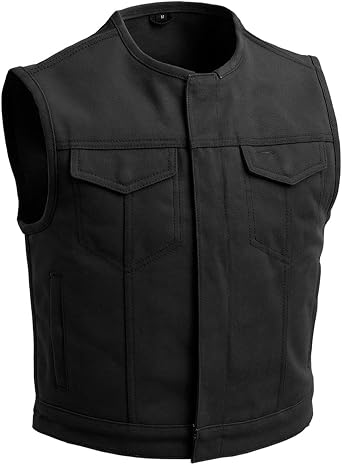 First Mfg Co - Lowside - Mens Motorcycle Leather Vest, 3" Shorter, Half Size Smaller, Perforated Leather, Canvas, Twill Vest