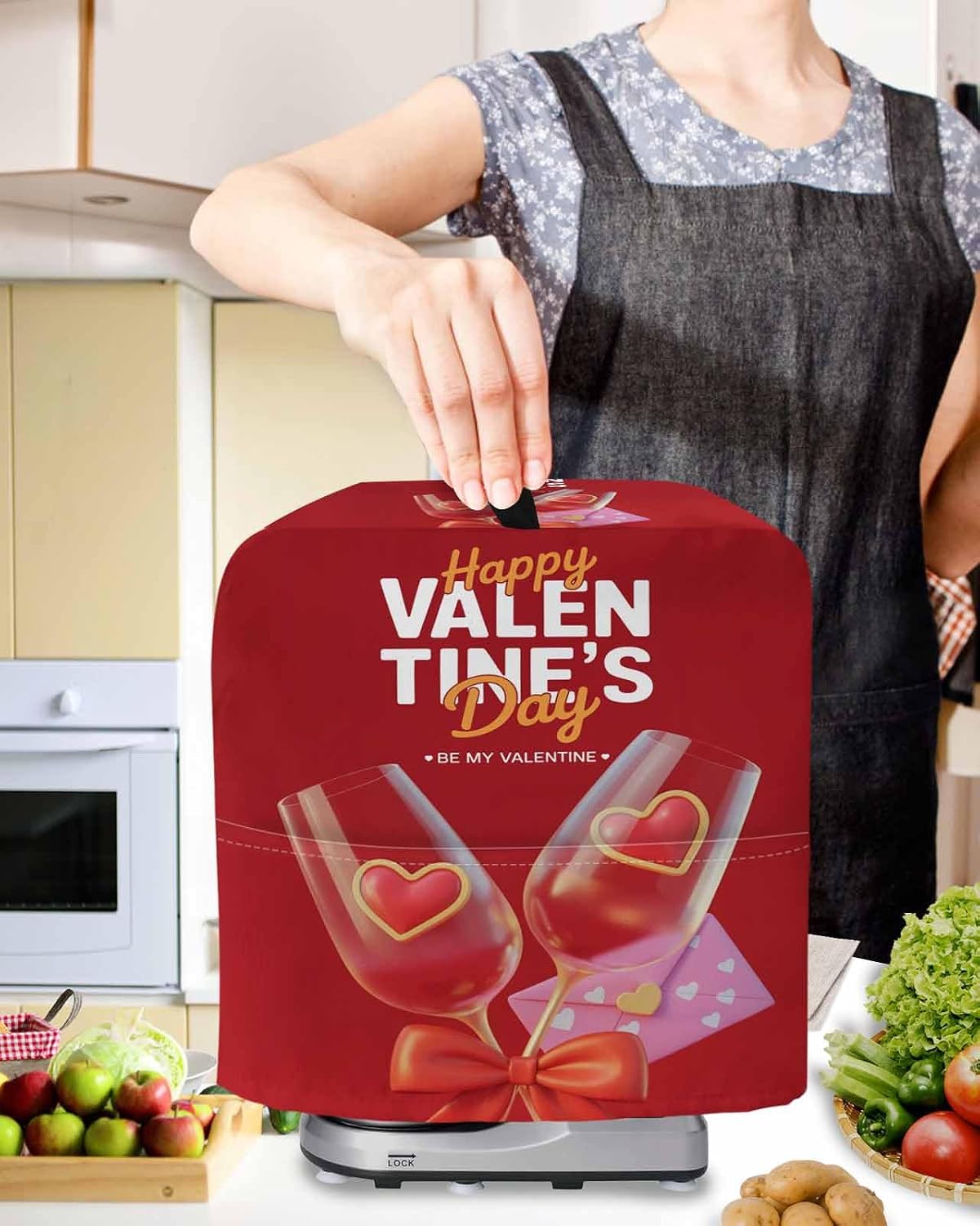Valentine's Day Stand Mixer Cover with Storage Pocket, Waterproof Kitchen Mixer Covers, Romantic Goblets Red Love Heart Bow Kitchen Appliance Dust Cover Compatible with 5-8 Quart Mixers