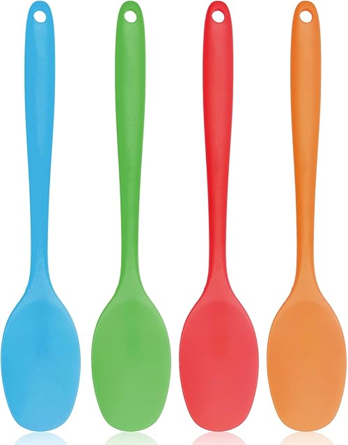 4 Pieces Silicone Spoons, 11inch Long Handle Mixing Spoons Heat Resistant Baking Serving Spoon Silicone Cooking Tools One Piece Design Silicone Spatula for Kitchen Cooking Stirring