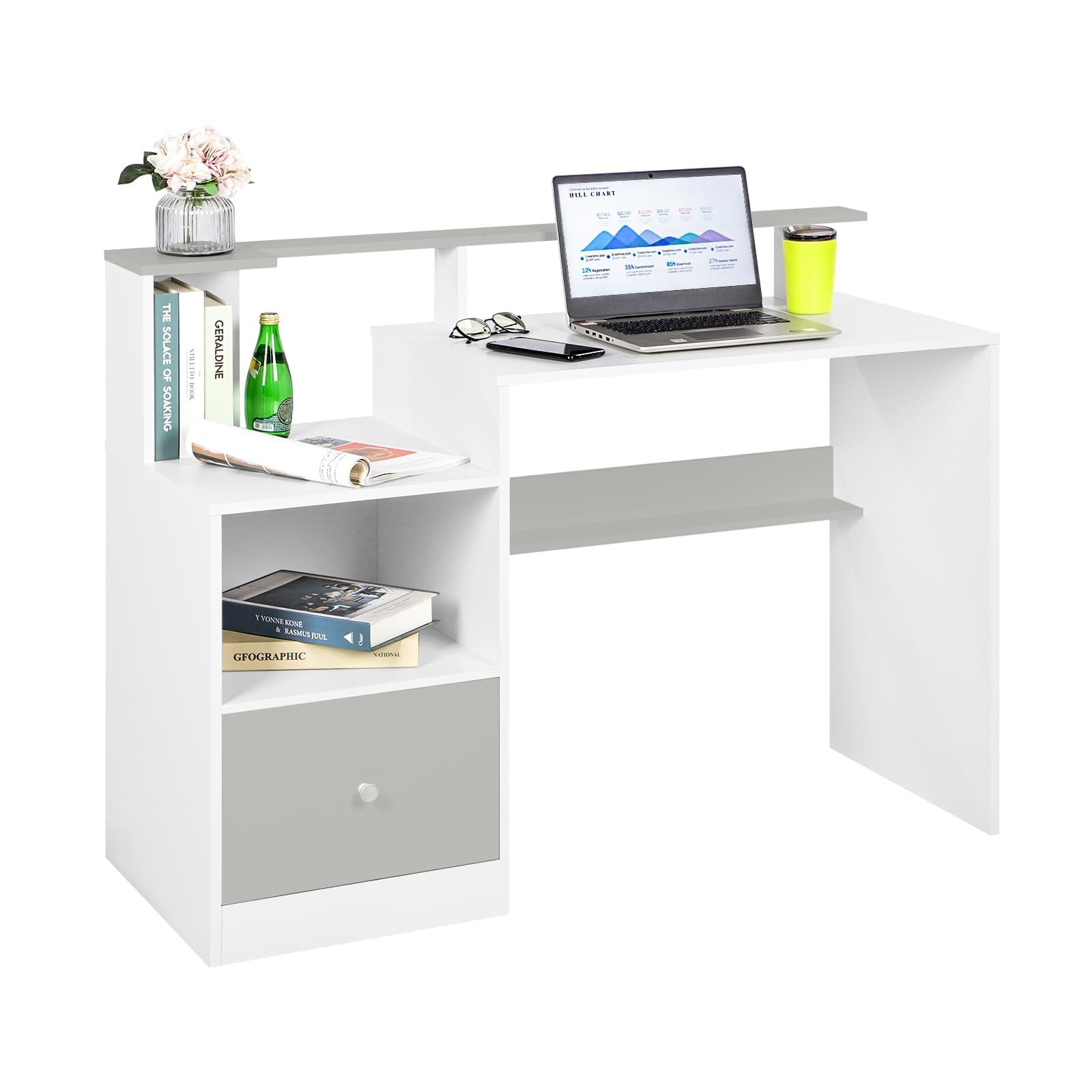 Hadwin 120x48cm Computer Desk for Home,Wood Office Desk with Drawers/Shelves Storage,Home Office Study Table Gaming Desk PC Laptop Workstation