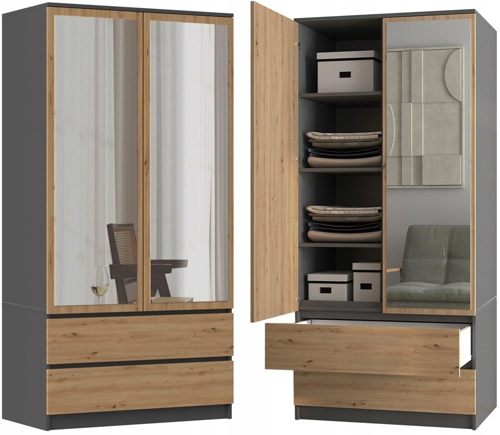 CDF TORINO - Armadio 2 ante con specchio stile moderno camera da letto - 90x50x180 - Ampio spazio di archiviazione - 2 cassetti
