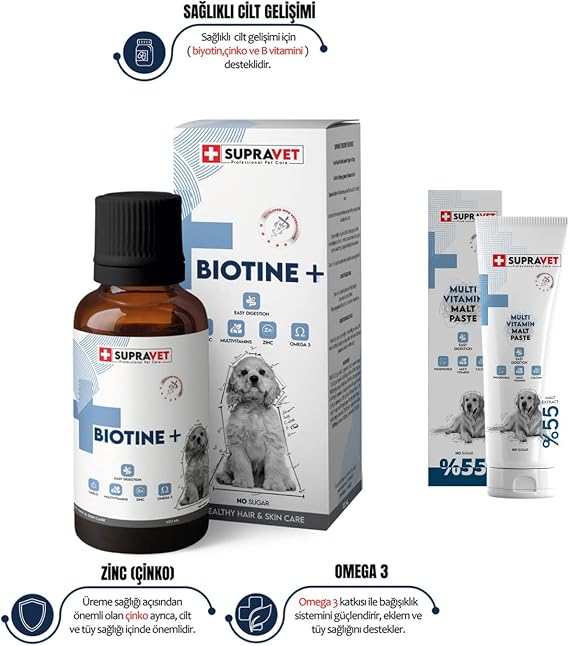Supravet Plus +B For Köpek Biotine Damla 100 ML (Köpekler Için Tüy Sağlığı Damlası) + Yetişkin Köpekler için Vitamin Malt Macun 30 GR