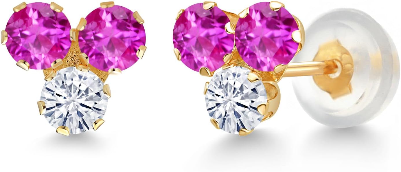 Gem Stone King 14K Yellow Gold Gemstone Birthstone and White Moissanite Trio 3-Stone Stud Earrings for Women | 3MM Round | Fine Jewelry for Her Mom Women Wife