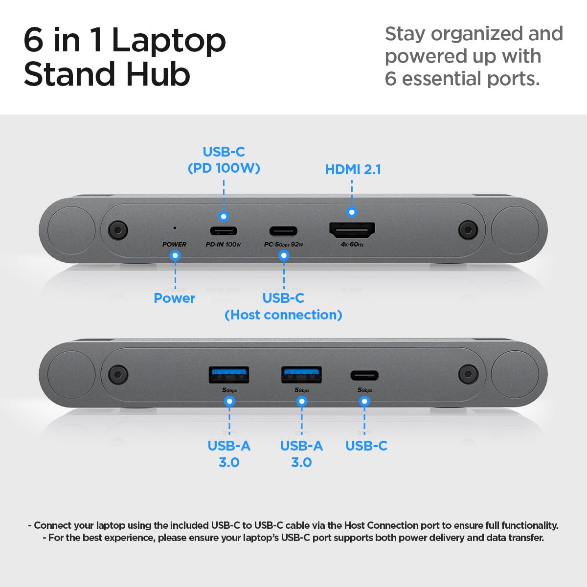 Spigen ArcDock Support Ordinateur Portable Hub 6-en-1, Station d'accueil [Câble Inclus] HDMI 4K60Hz, USB-C & A 3.0 pour PC Portable & Tablette Jusqu'à 15.6", MacBook iPad Pro Air Neo A16 M2 M3 M4 M5