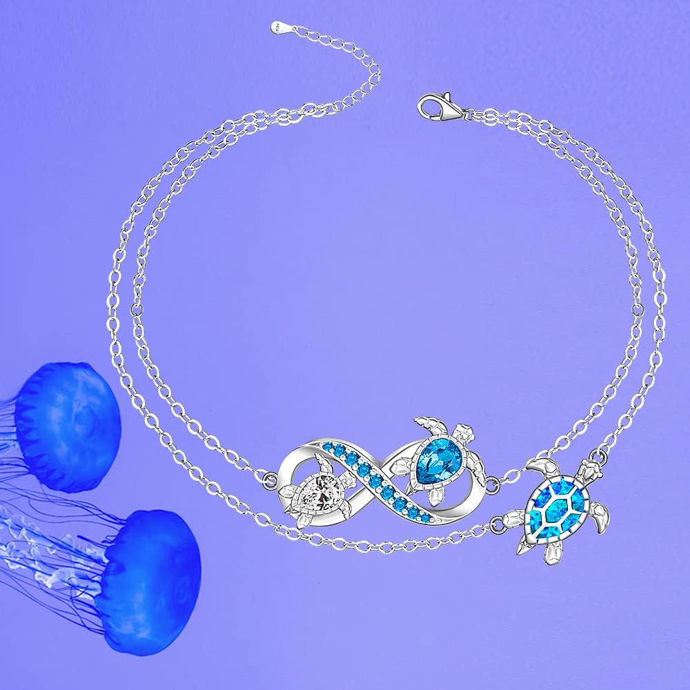 Fenthring Turtle Anklet Blue Opal Sea Turtle Ankle Bracelets for Women Sterling Silver Infinity Wave Ocean Beach Summer Foot Bracelet Jewelry Layered Adjustable - Image 6