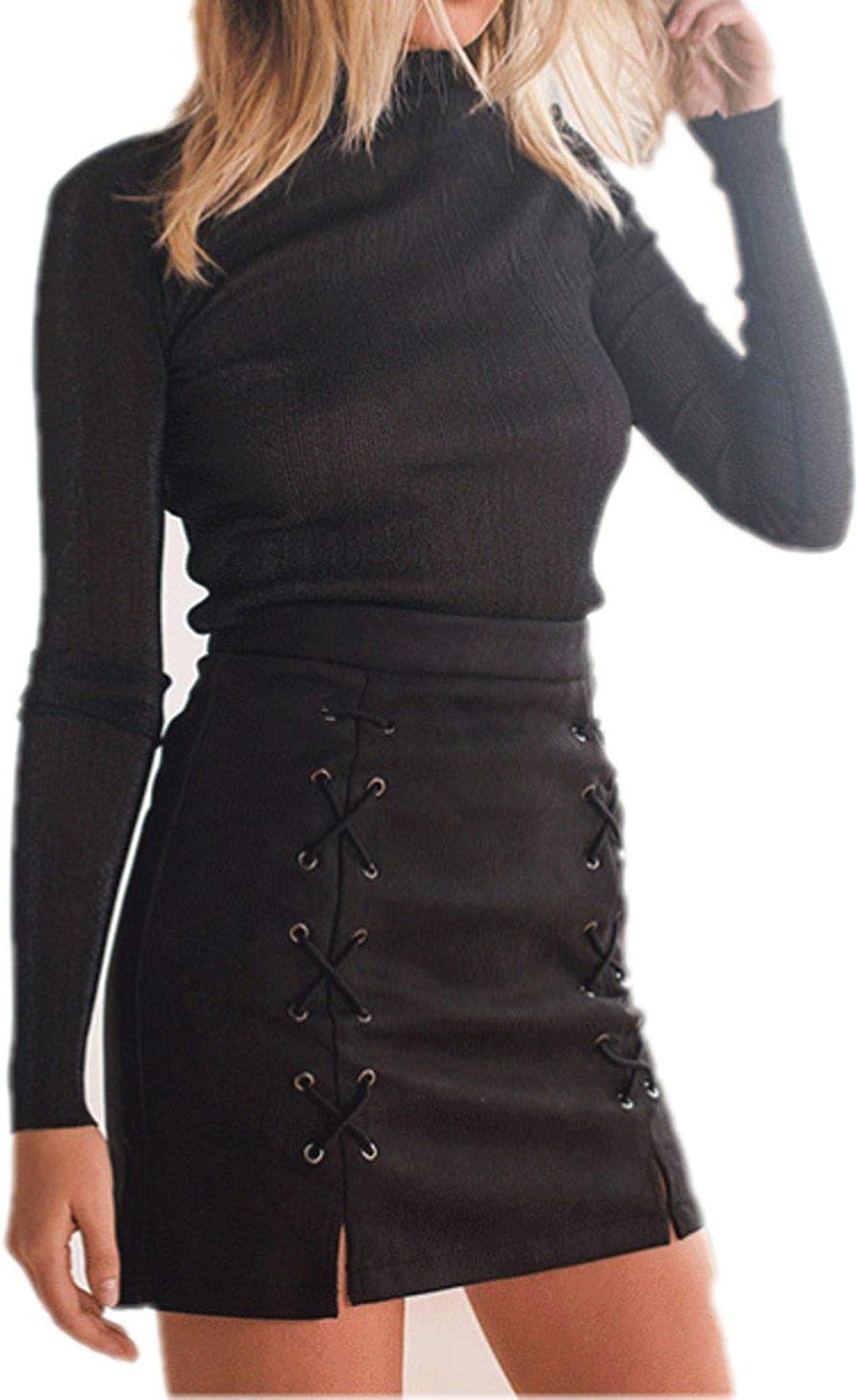 Women's Classic High Waist Lace Up Bodycon Faux Suede A Line Mini Pencil Skirt