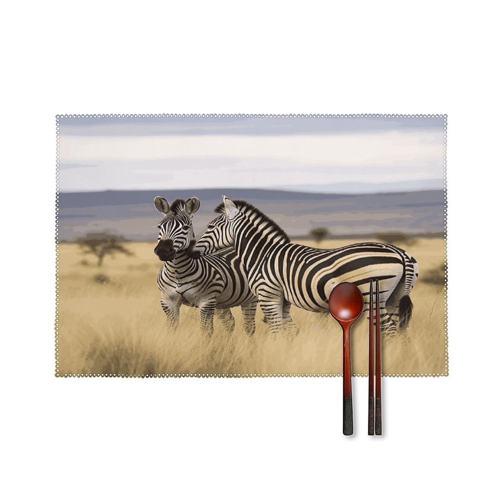 Zebras on South Africa Placemats Set of 6 Canvas Place Mats for Dining Table Square Non-Slip Table Mats Heat Resistant Washable Placemat for Kitchen Home Decor 12" X 18"