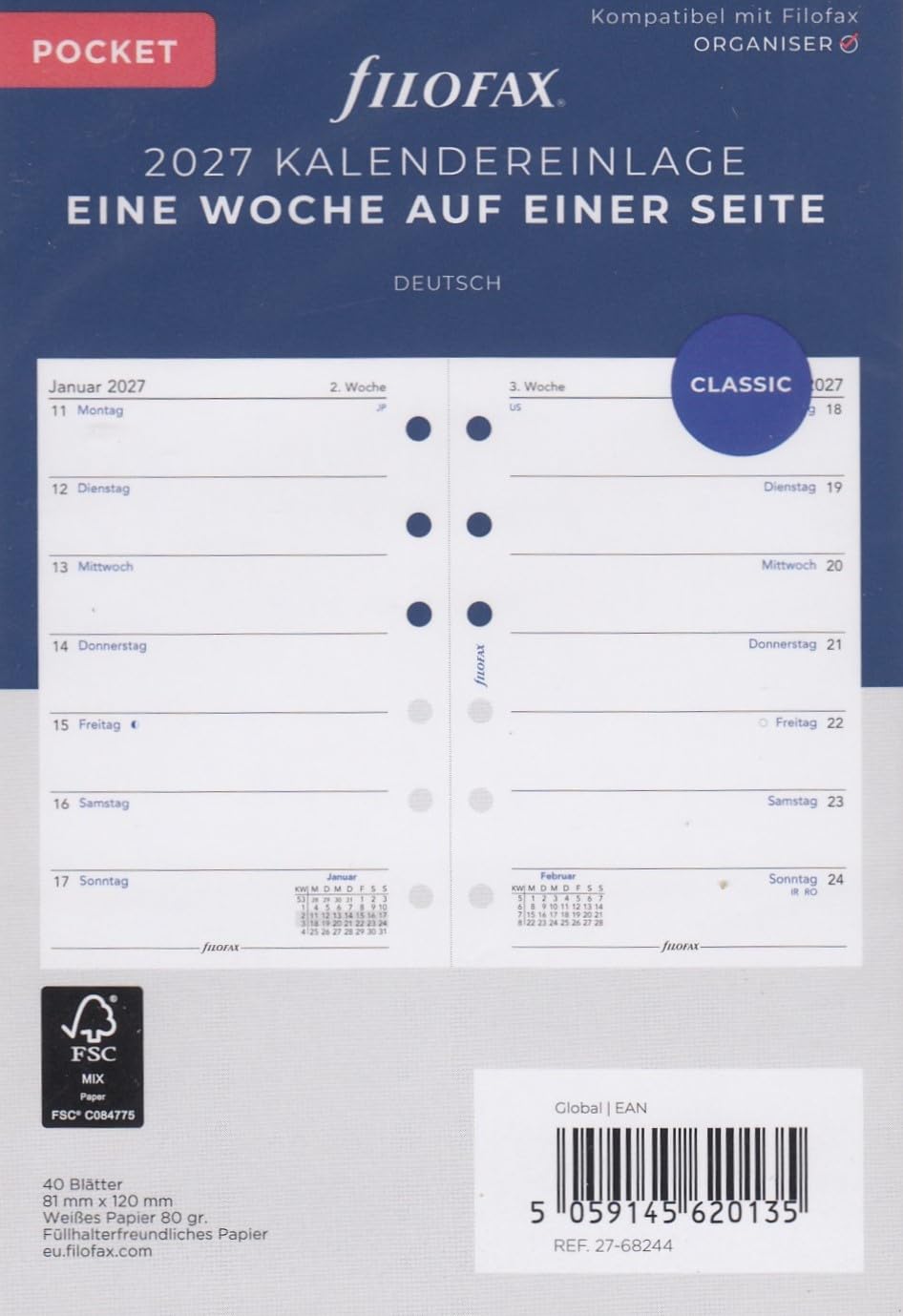 Filofax Calendar Insert Pocket 1 Week on 1 Page German 2027