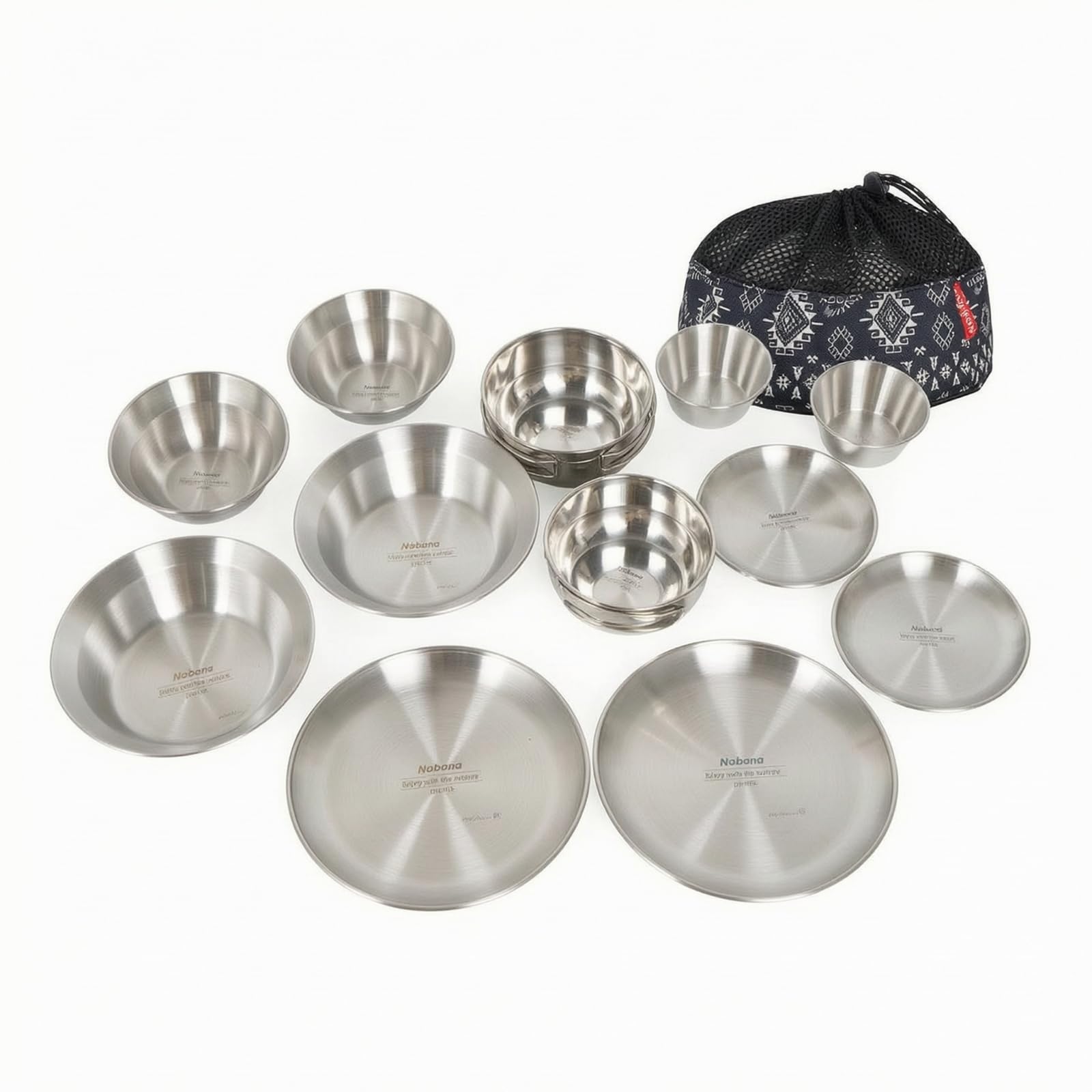 harayaa Vaisselle de Camping INOX Service Assiettes Bols Gobelets Kit Repas Extérieur Empilable Acier Inoxydable avec Pochette à Cordon Adaptée aux Excursions Plein Air Pique Nique Terrasse