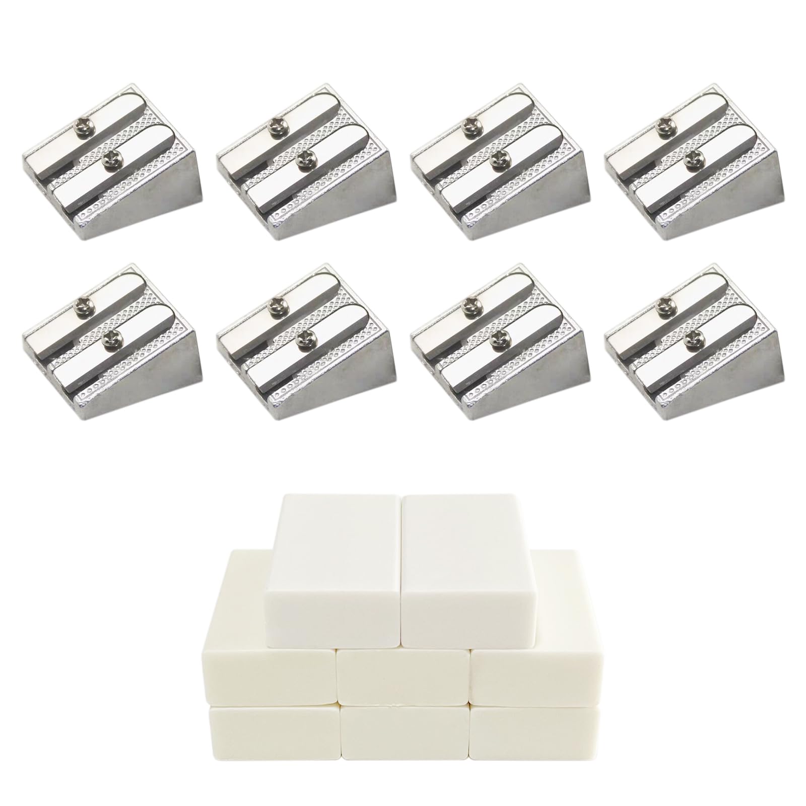 16Pcs Metal Pencil Sharpener and Eraser Set, 8Pcs Double Hole Pencil Sharpener & 8Pcs Pencil Erasers for Home School Office Supplies