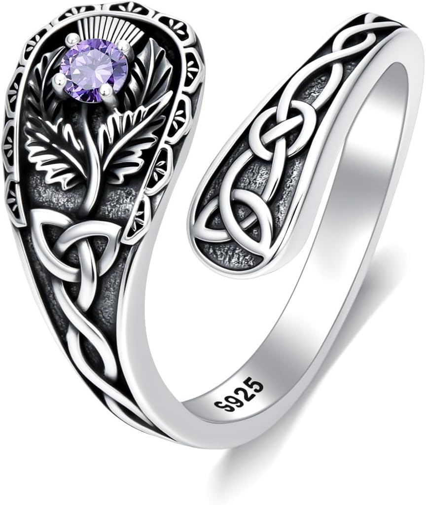 PROESS 925 Sterling Silver Spoon Ring Turquoise Hummingbird/Butterfly/Dragonfly/Four Leaf Clover/Scottish Thistle Adjustable Open Rings Vintage Celtic Knot Scotland Celtic Knot Jewelry for Women
