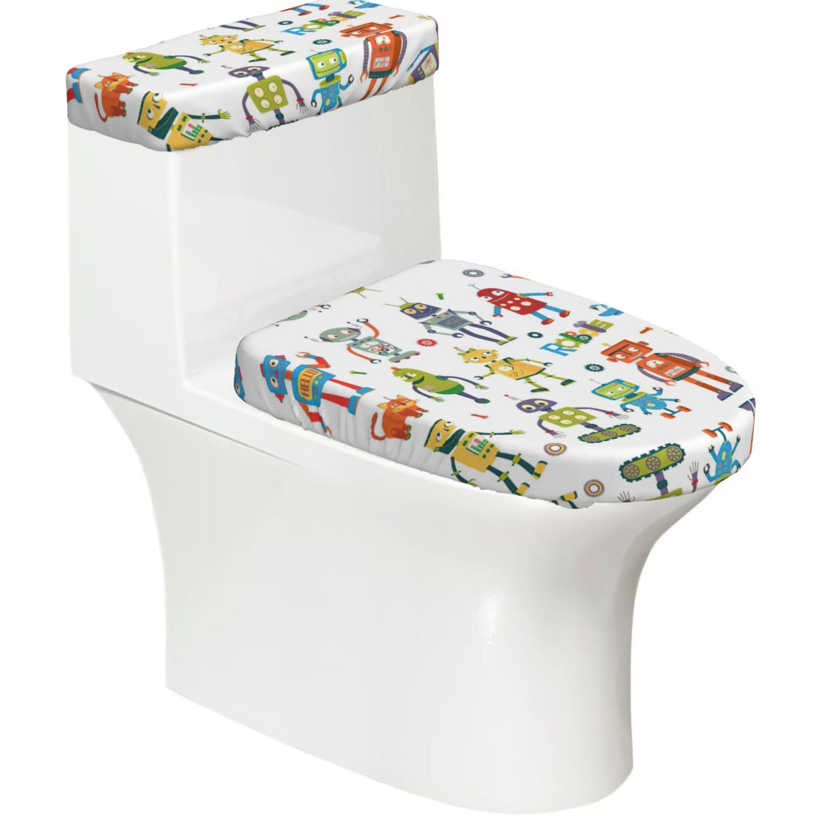 Cute Cartoon Robots Printed Toilet Tank and Lid Cover Set of 2 for Most Bathrooms, Fits Elongated Round Toilets