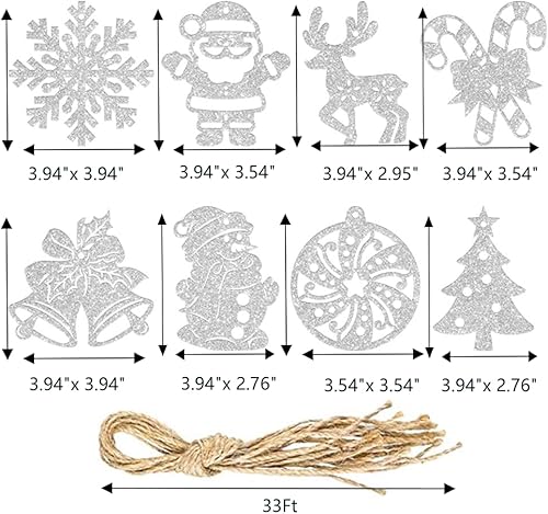 Miniatura 4 de 40 adornos colgantes de decoración de árbol de Navidad, copos de nieve plateados con purpurina, campanas de Navidad, muñeco de nieve, renos, corona,