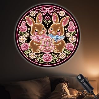 FLFGIDD Portable Projector Lamp USB Powered with Two Bunnies Holding Floral Easter Egg and Flowers for Home Party Festive Ambiance Creation