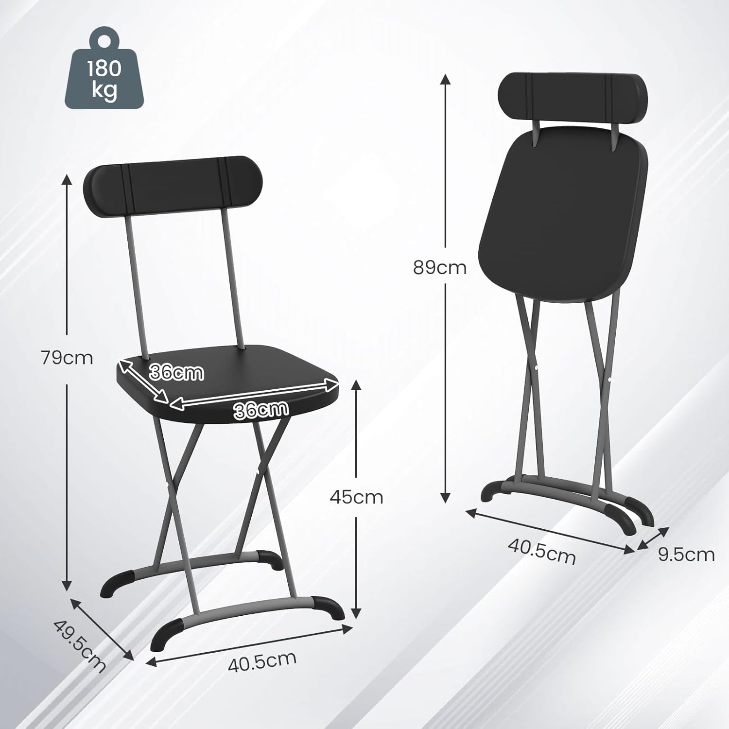 Black Metal Folding Dining Chairs with Ergonomic Backrest, Set of 2