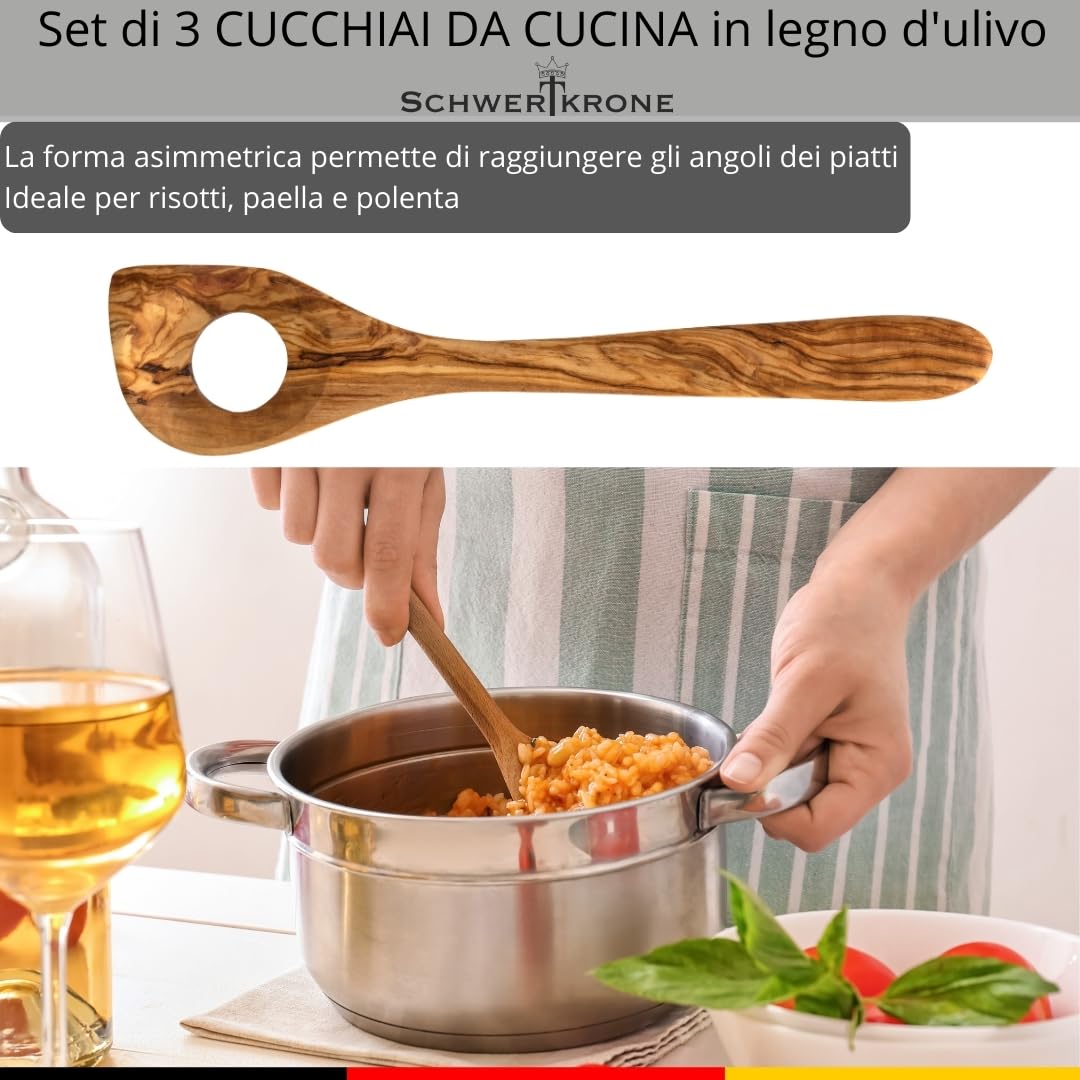 SCHWERTKRONE Set di cucchiai in legno d'oliva italiano, cucchiaio da cucina in legno, cucchiaio da cucina in legno di ulivo