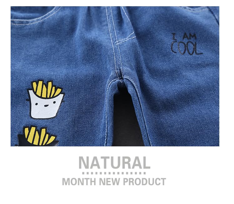 Tagas Jeans in denim stampati per ragazzi con design a toppa con cartoni animati|Pantaloni|| Jeans slim regolari per bambini ||Pantaloni rilassati |, Blu navy, 2-3 Y