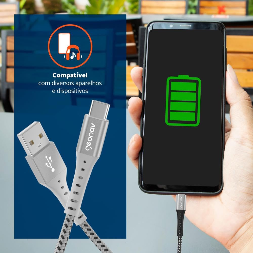 Geonav Cabo USB-A para USB-C, 1.2 metros, nylon trançado, resiste até 10 mil dobras, carregamento rápido (até 40 W) e tranferência de dados (480 Mbps), ESC05WT, branco