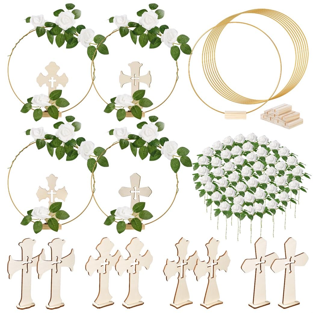 8 aros florales de metal dorado con soportes, 8 cruces de madera de pie, 48 rosas de espuma de tallo y hoja, 64 piezas de decoración de mesa de boda, centros de mesa de fiesta