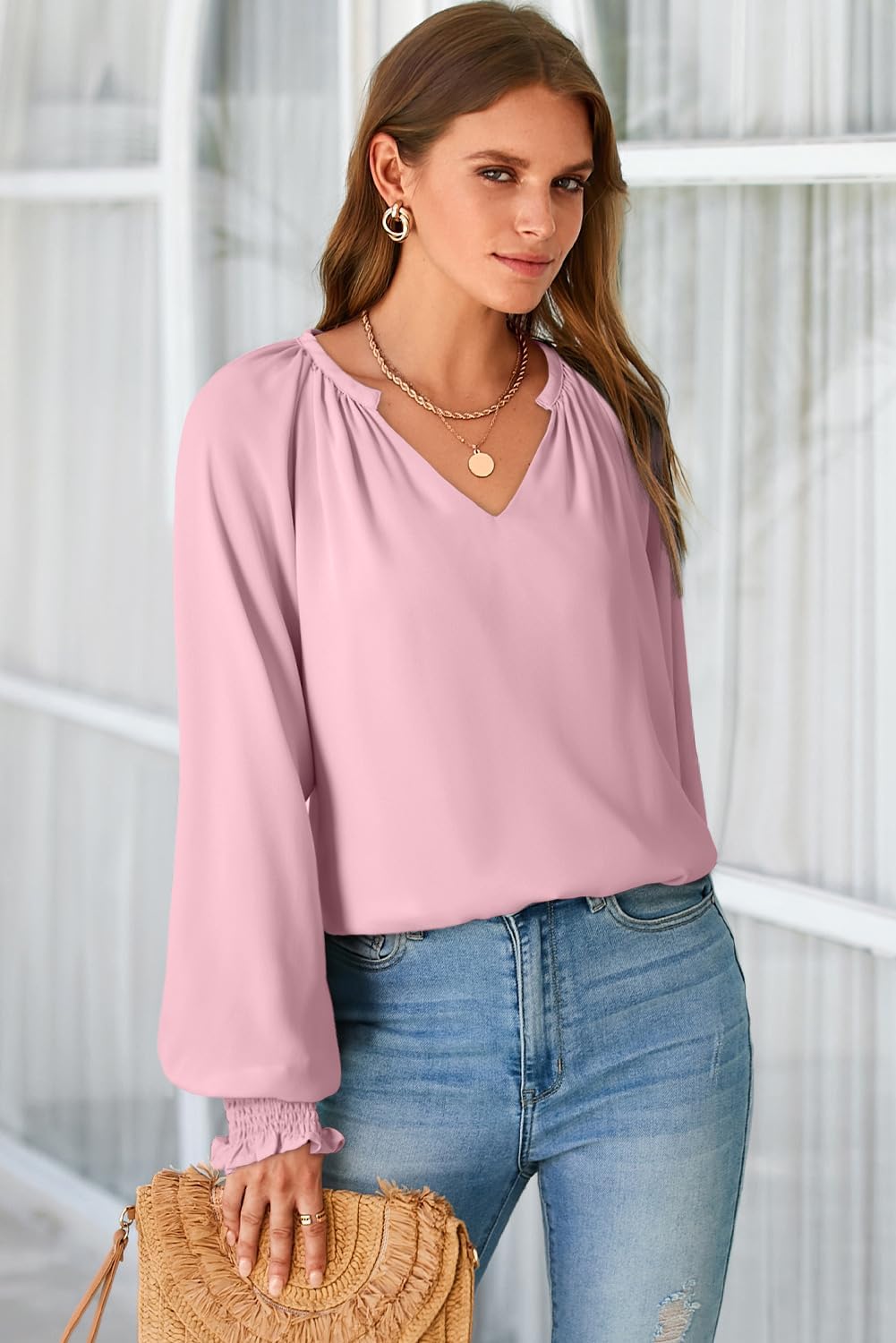 Dokotoo Womens Blouses Dressy Casual Flowy Boho Tops V Neck Long Sleeve Shirts - Image 3