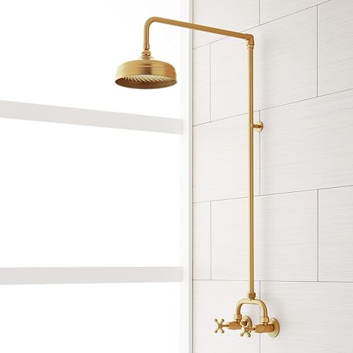 Signature Hardware 922235 Baudette - Ducha con cabezal de ducha, brazo de ducha y asas cruzadas, color dorado cepillado