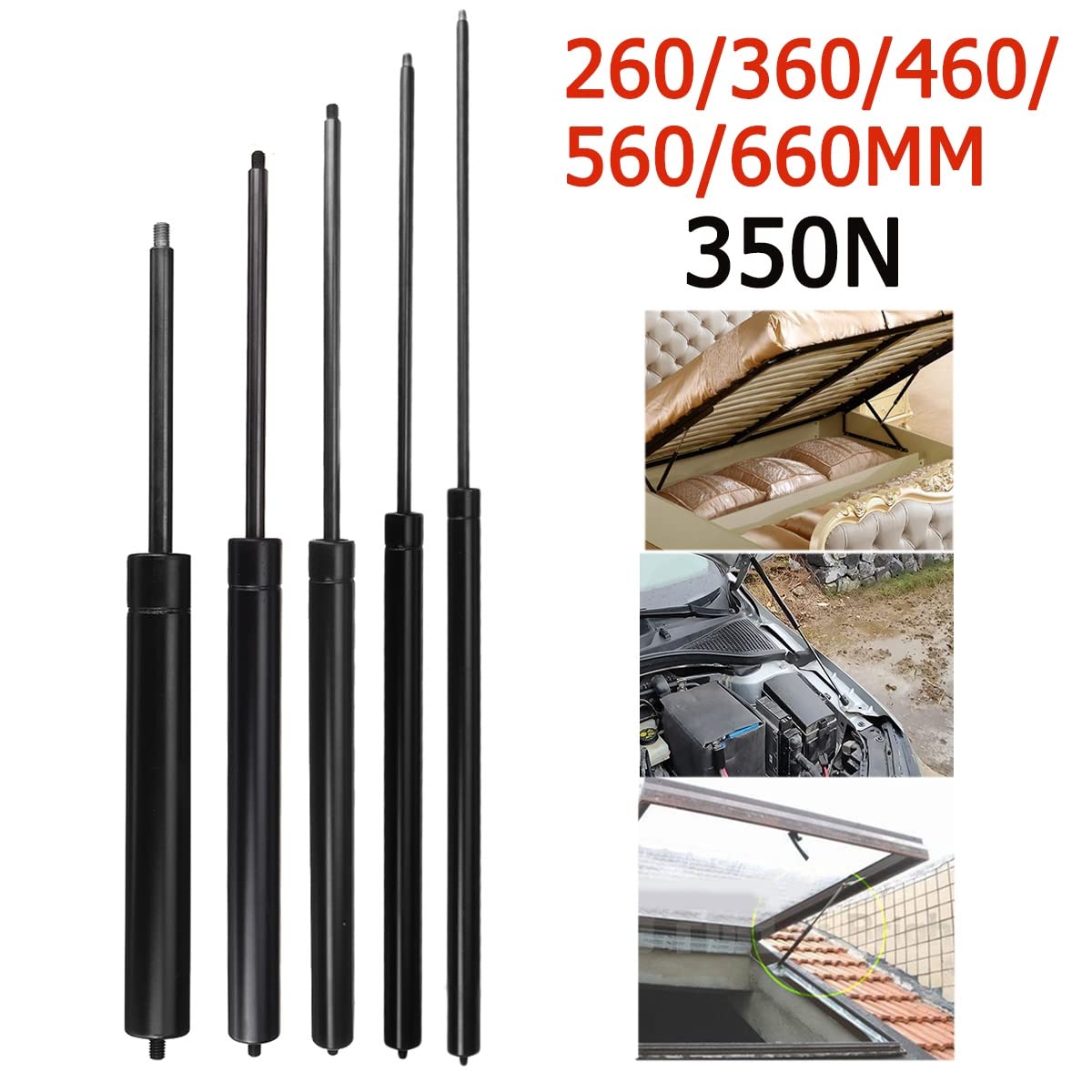 Sprężyna gazowa do maski silnika, 1 sztuka, 350 N, 260-660 mm, uniwersalna, do bagażnika, tylnej klapy, maski silnika, przyczepy kempingowej, łóżka, okna, autobusu, przyczepy kempingowej