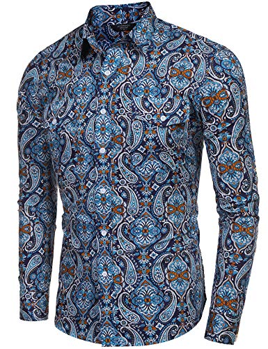 Coofandy Mens Floral Dress Shirt Slim Fit Casual Paisley Printed Shirt Long Sleeve Button Down Shirts,Blue,Xx-Large #TOP3
