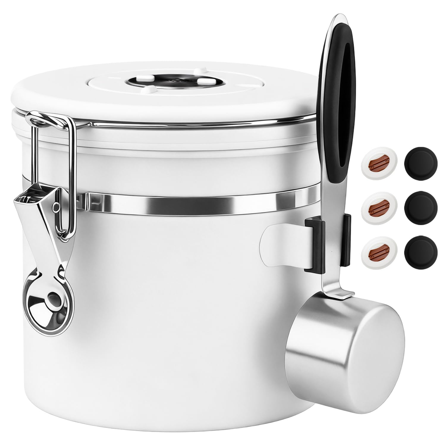 ShanSon Coffee Canister Airtight, Stainless Steel Bean Storage Container with Date Tracker &amp; Scoop, Grounds Sugar Flour Tea Cereal Fits Kitchen Pantry, Ideal Gift for Coffee Lovers,12oz, White