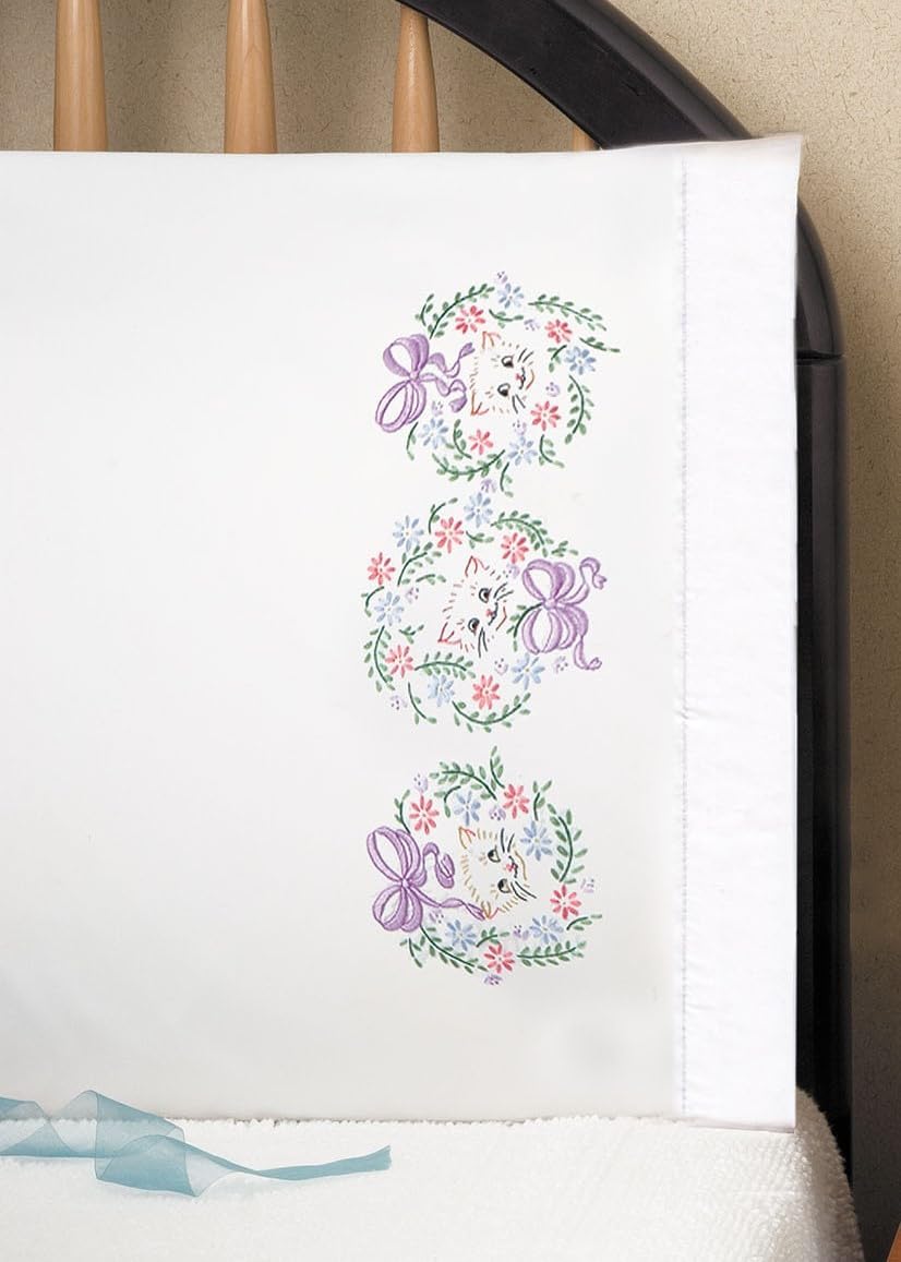 Tobin 232036 Stamped Pillowcase Pair Stamped Cross Stitch Kit for Embroidery, 20 by 30-Inch, Flower Cats, White