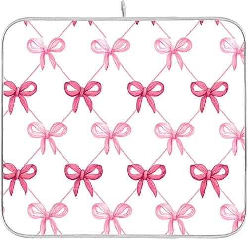 Bows Plaid Pink Ribbon Dish Drying Mat for Kitchen Counter 18 x 24 in Rack Mat M