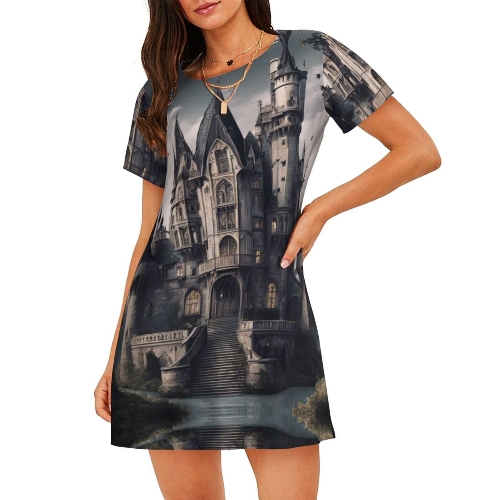 XTYGETY Gothic Fairy Tale Castle01 Print Womens Nightgown Ladies Sleepwear For Summer Nightdress Sleepshirt Sleepdress Nightshirts Black