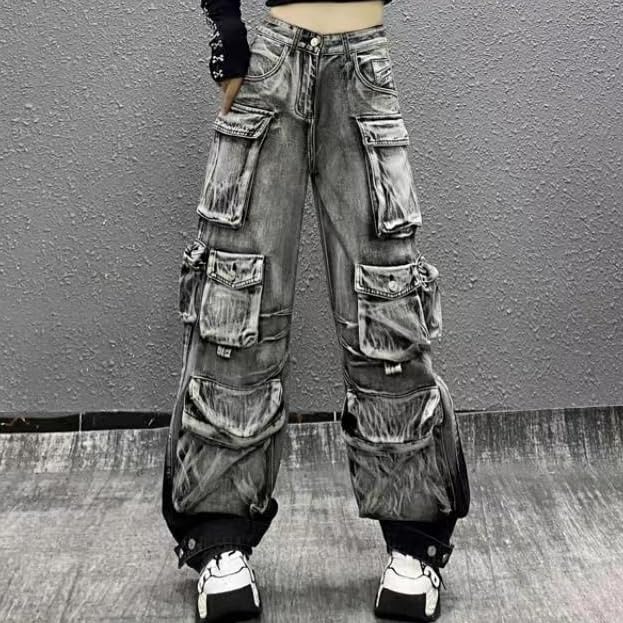 Women's Cargo Jeans Y2k High Waisted Baggy Pants Straight Wide Leg Jeans Multi-Pocket Boyfriend Jeans Streetwear4