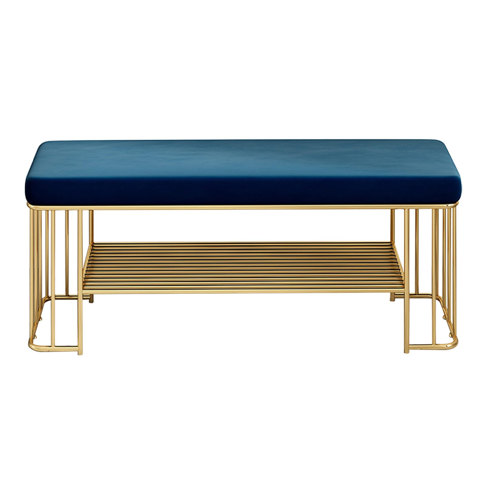 Étagère à chaussures 2 niveaux en métal bleu avec coussin velours 60cm
