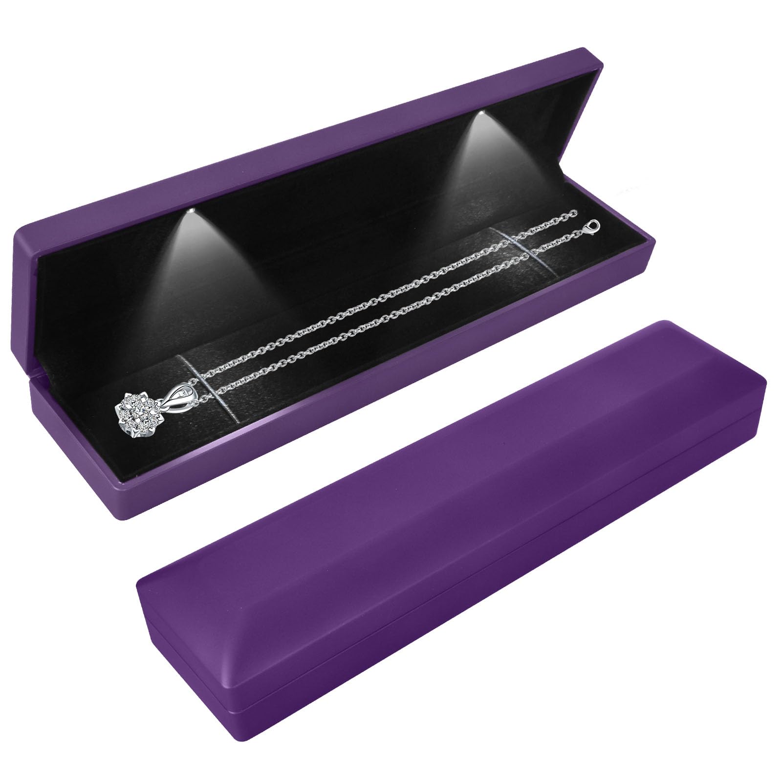 Long Necklace Box With LED Light, Necklace Bracelets Pendant Watch Chain Jewelry Gift Box, Velvet Jewelry Display Case with 2 LED Internal Light, for Proposal Engagement Wedding, 23*5.5*3.5cm, Purple