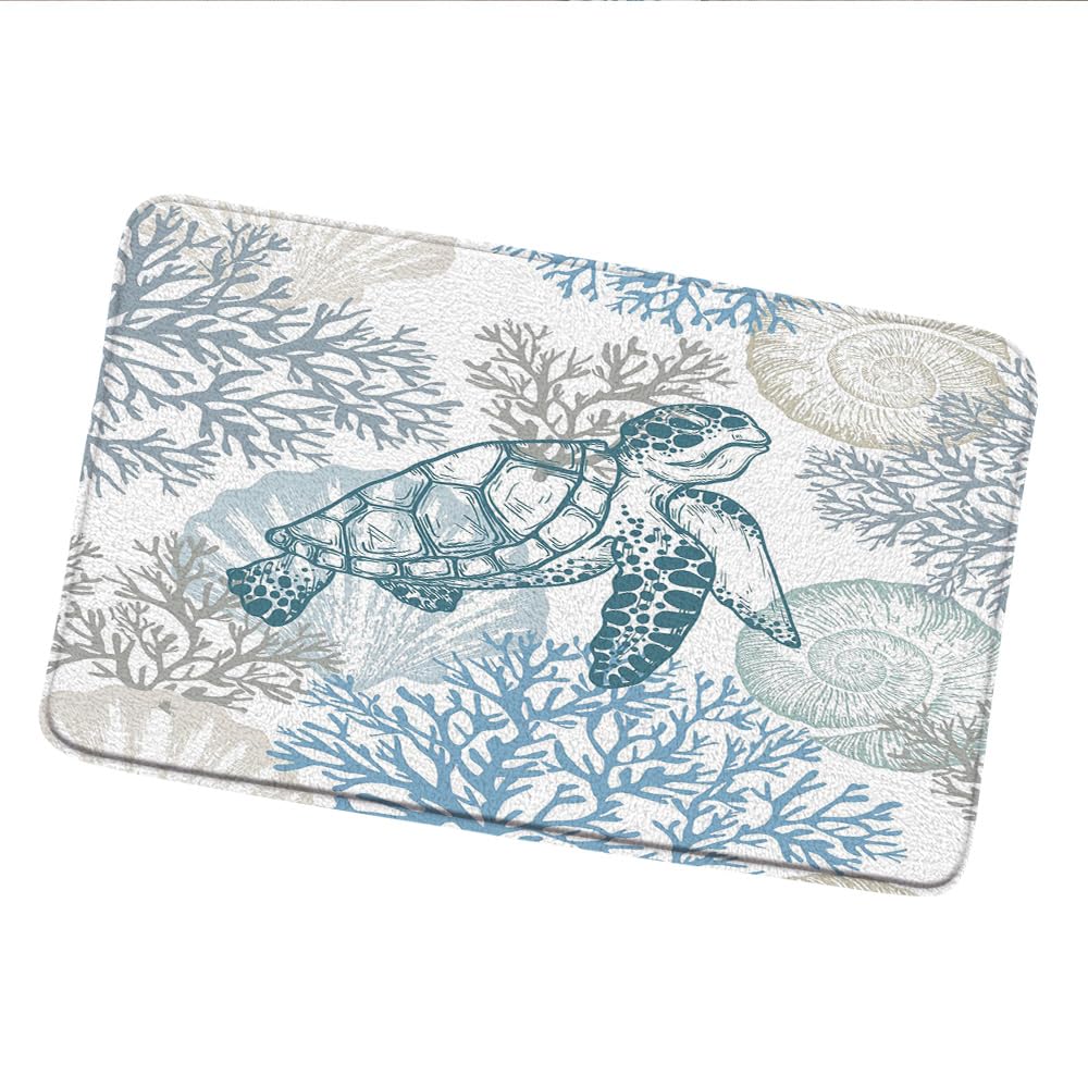 Nautical Coastal Bath Mat Sea Turtle Starfish Seashell Coral Reef Vintage Ocean Beach Themed Marine Life Bathroom Rugs Doormat Kitchen Toilet Floor