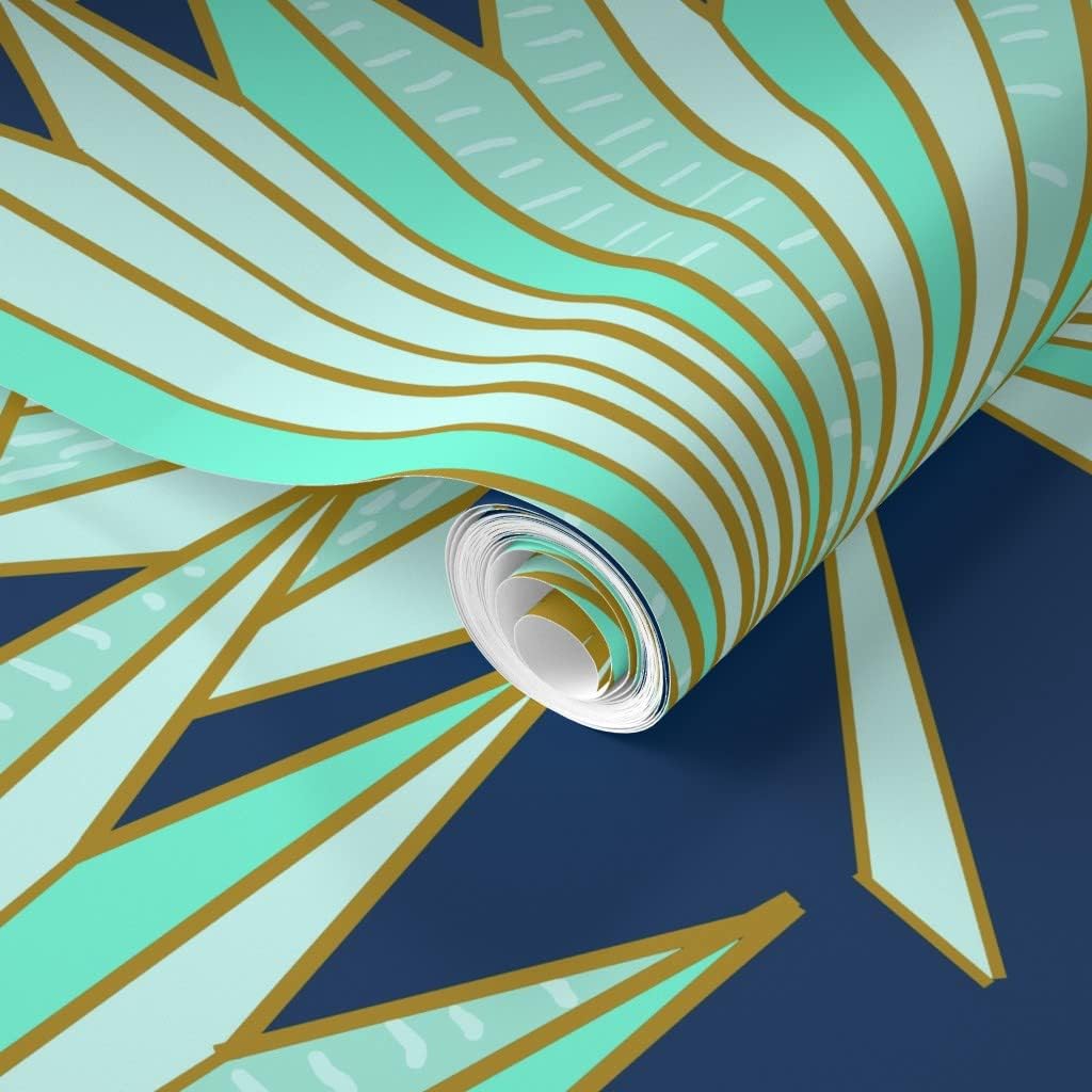 Removable Wallpaper 3ft x 2ft - Art Deco, Palm, Fan, Navy, Mint, Tropical, Geometric, Origami, Inspired, Gold, Blue, Modern, Beach, Custom Pre-Pasted Wallpaper by Spoonflower