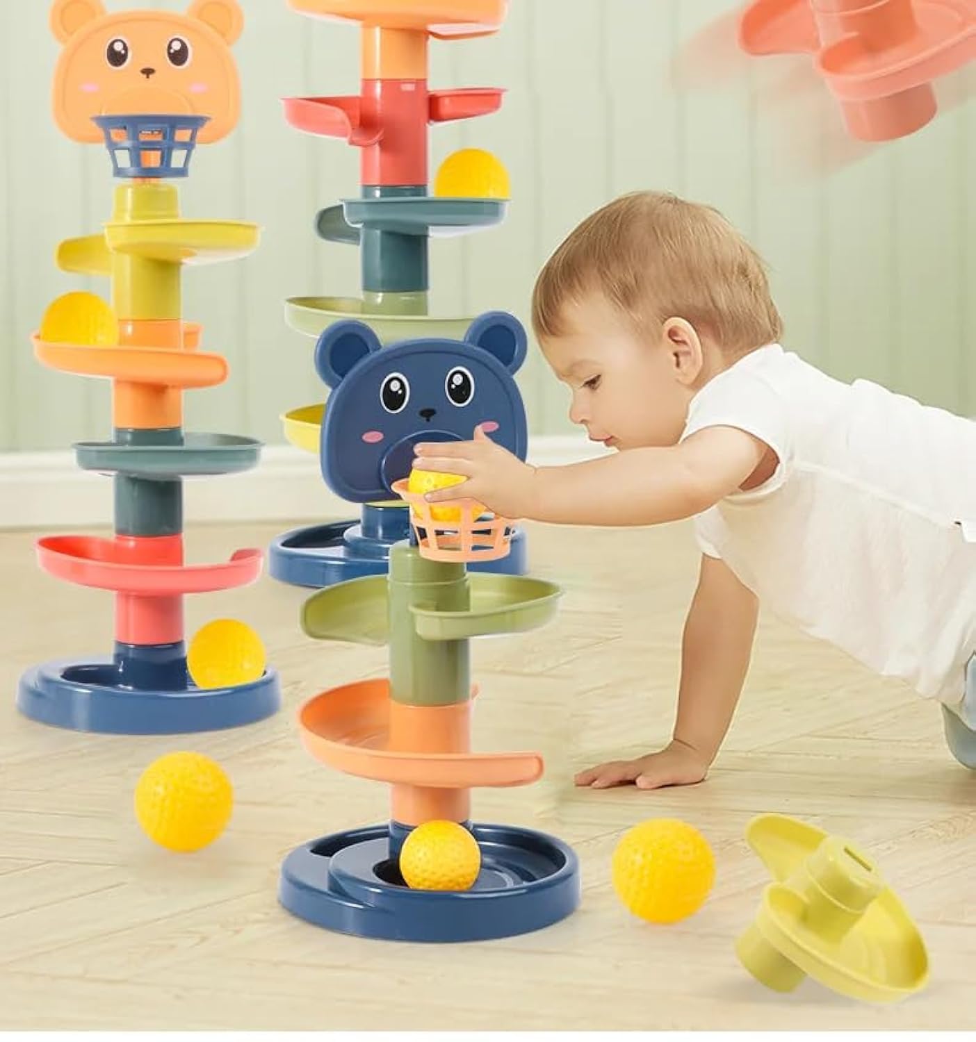 S SGTT PRO Educational Toys for Baby and Toddler Development: 7 Layer Ball Drop and Roll Swirling Tower Ball Ramp Stack, Drop, and Go Three rotating acrylic activity balls with colorful beads