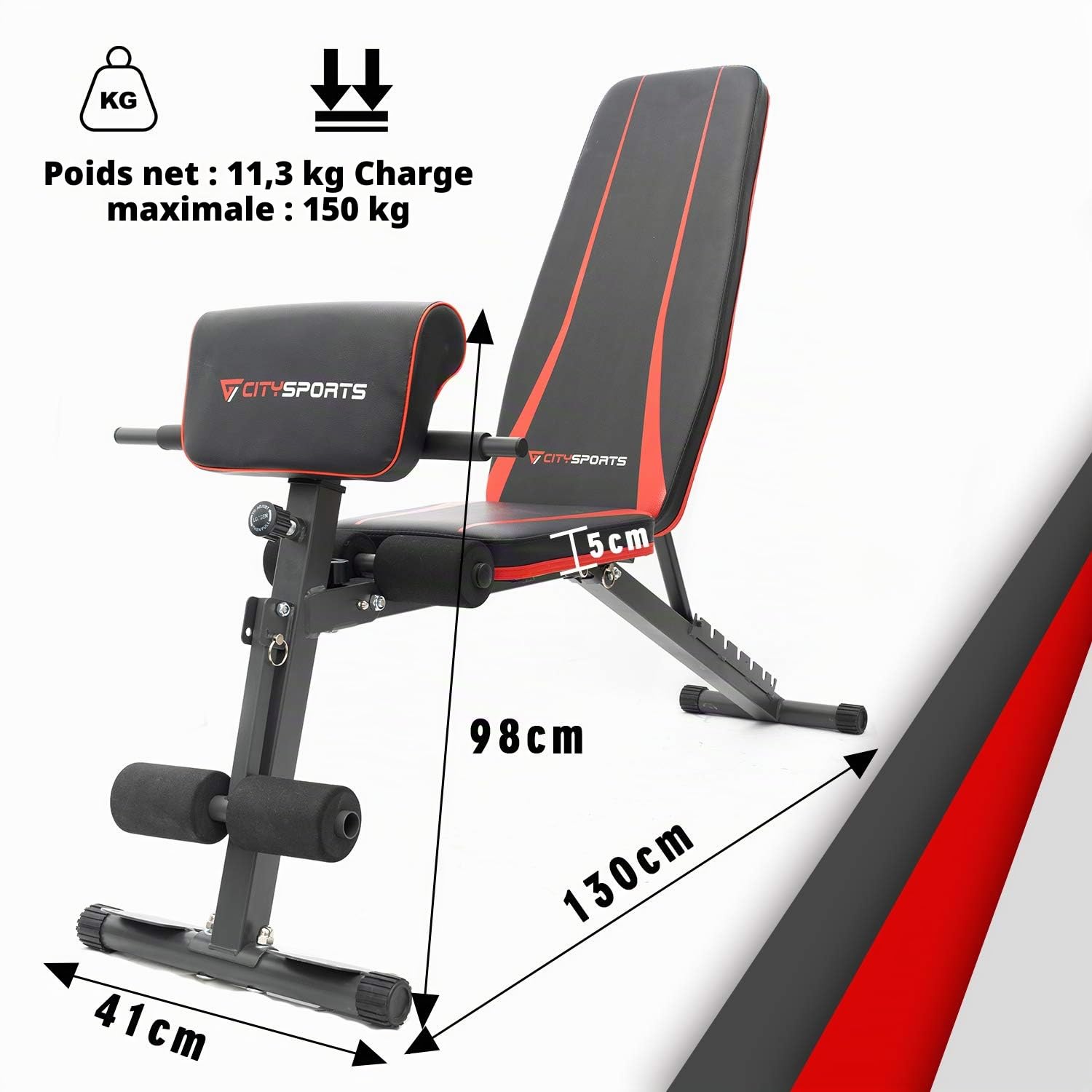 CITYSPORTS Banc de Musculation Réglable, Banc de Musculation Pliable Multifonction avec 7 Positions Ajustables & 2 Sangles d'Entraînement, Banc de Poids Gymnastique à Domicile (S1)