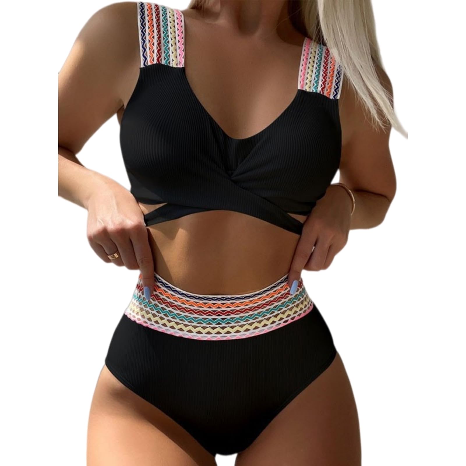 Bikini Femmes Taille Haute Ribbed Noir L | Maillot de Bain Deux Pièces Cross Wrap Anti-Complexes