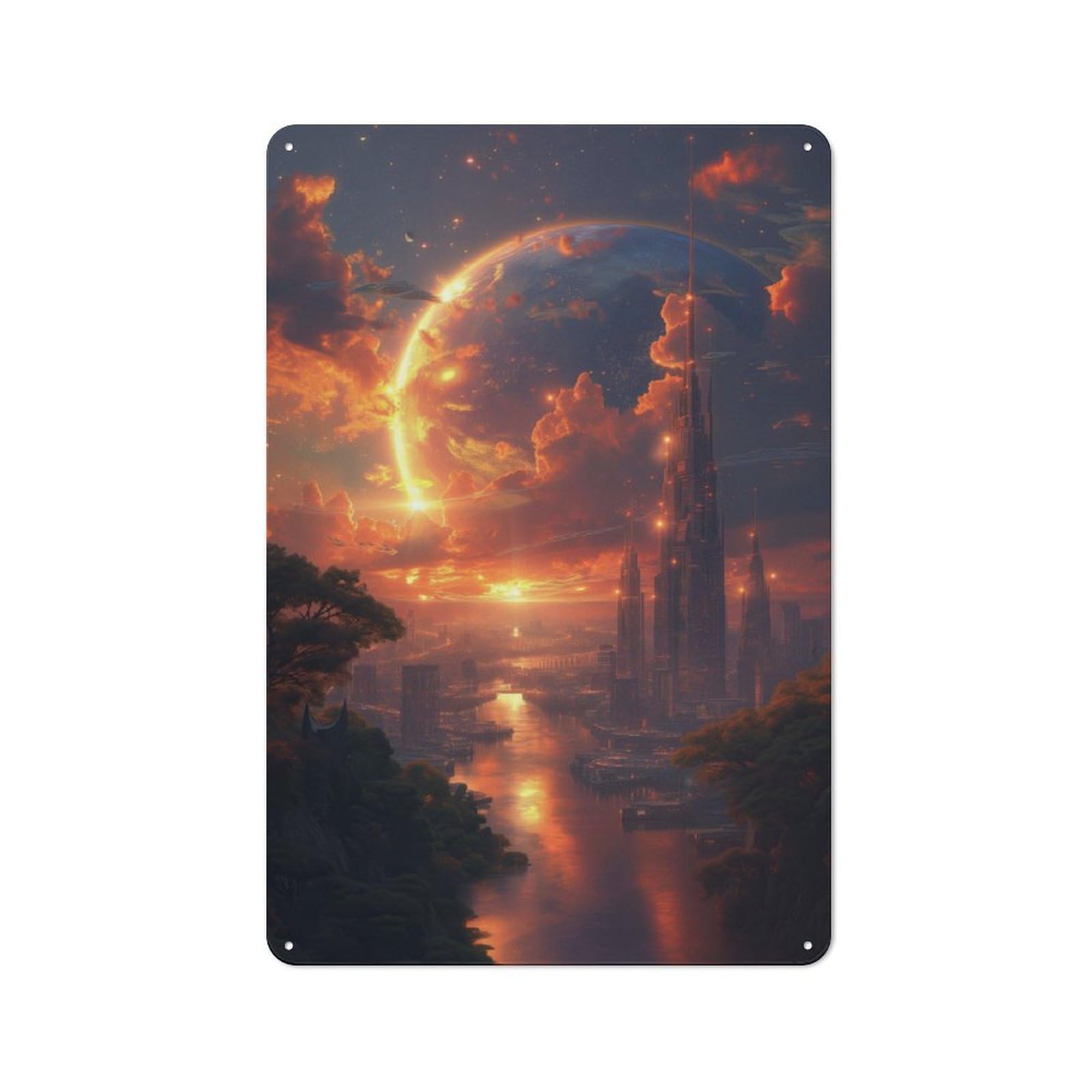 Junmoney Fantasy Moon Sky Cityscape Country Vintage Metal Wall Decor 30X20cm, Country Metal Sign For Kitchen, Cottage, Porch Or Garden Room
