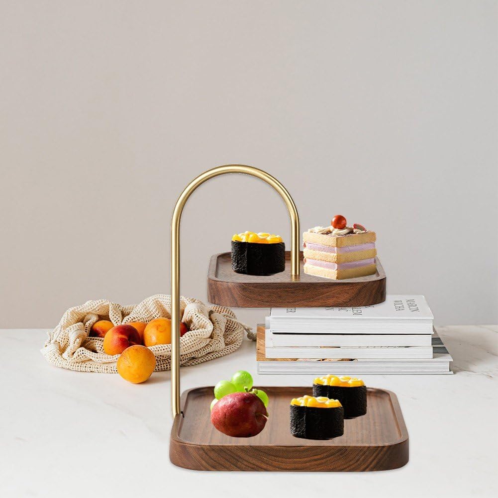 Support De Plateau À Fruits En Bois, Support À Cupcakes À 2 Niveaux, Support À Desserts En Bois, Support De Décoration De Plateau À Plusieurs Niveaux En Bois Avec Poignée En Métal Pour Décoration De